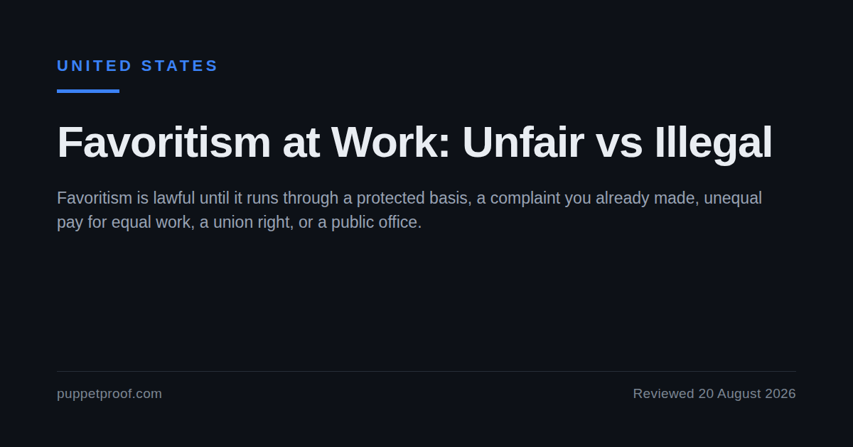 Dark social card headed United States. Headline: Favoritism at Work, Unfair vs Illegal. Below it, the line: favoritism is lawful until it runs through a protected basis, a complaint you already made, unequal pay for equal work, a union right, or a public office.