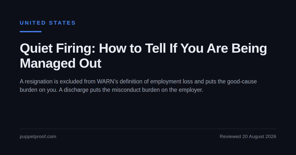 Dark social card headed United States. Headline: Quiet Firing, How to Tell If You Are Being Managed Out. Below it, the line: a resignation is excluded from WARN's definition of employment loss and puts the good-cause burden on you, while a discharge puts the misconduct burden on the employer.