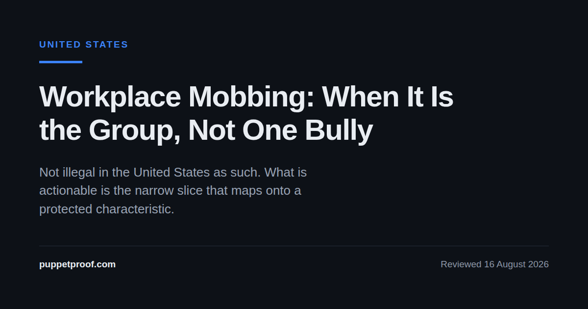 Dark social card headed United States. Headline: Workplace Mobbing, When It Is the Group, Not One Bully. Below it, the line: not illegal in the United States as such, and what is actionable is the narrow slice that maps onto a protected characteristic.