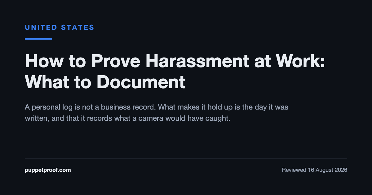 Article image reading How to Prove Harassment at Work: What to Document, with the note that a personal log holds up on the day it was written.