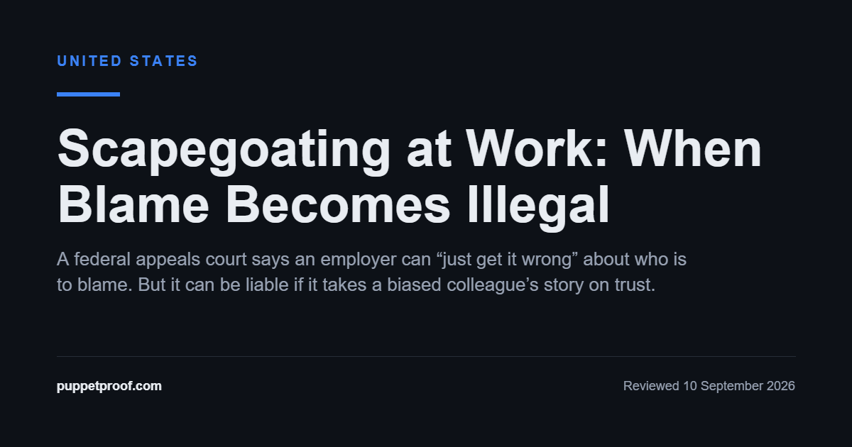 Image headed United States. Headline: Scapegoating at Work: When Blame Becomes Illegal Below it: A federal appeals court says an employer can “just get it wrong” about who is to blame. But it can be liable if it takes a biased colleague’s story on trust.