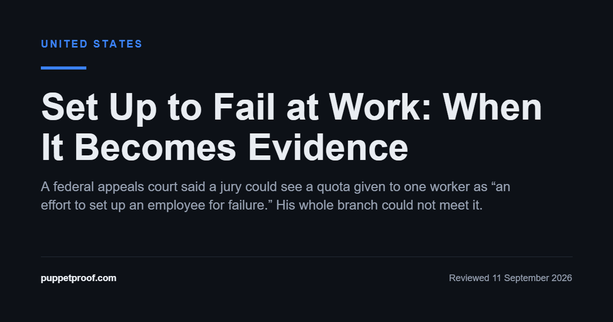 Image headed United States. Headline: Set Up to Fail at Work: When It Becomes Evidence Below it: A federal appeals court said a jury could see a quota given to one worker as “an effort to set up an employee for failure.” His whole branch could not meet it.